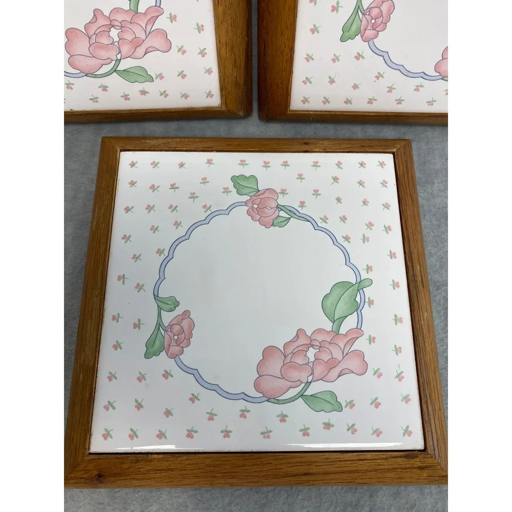 Set of 3 Vintage Floral Ceramic Tile Wood Trivets Hot Pad Retro Decor Grannycore